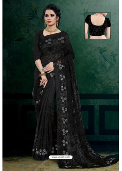 Black Net Heavy Resham Embroidered Designer Saree