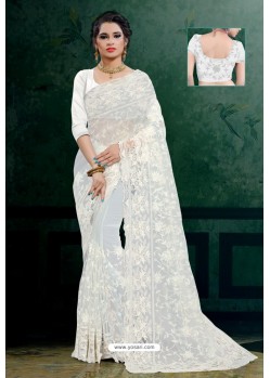 White Net Heavy Resham Embroidered Designer Saree