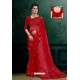 Red Net Heavy Resham Embroidered Designer Saree