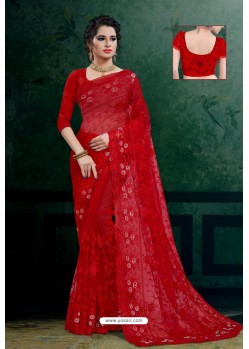 Red Net Heavy Resham Embroidered Designer Saree