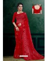 Red Net Heavy Resham Embroidered Designer Saree