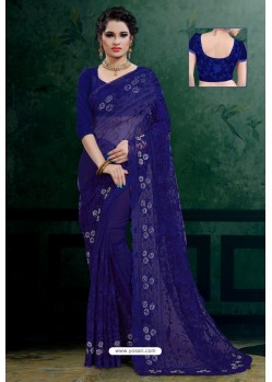 Royal Blue Net Heavy Resham Embroidered Designer Saree