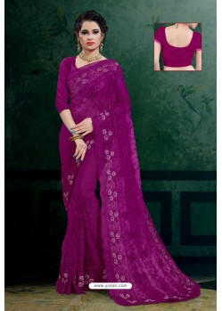 Purple Net Heavy Resham Embroidered Designer Saree