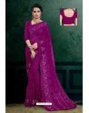 Purple Net Heavy Resham Embroidered Designer Saree