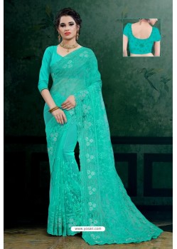 Firozi Net Heavy Resham Embroidered Designer Saree