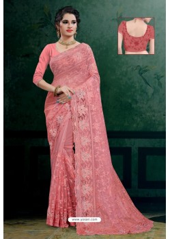 Peach Net Heavy Resham Embroidered Designer Saree