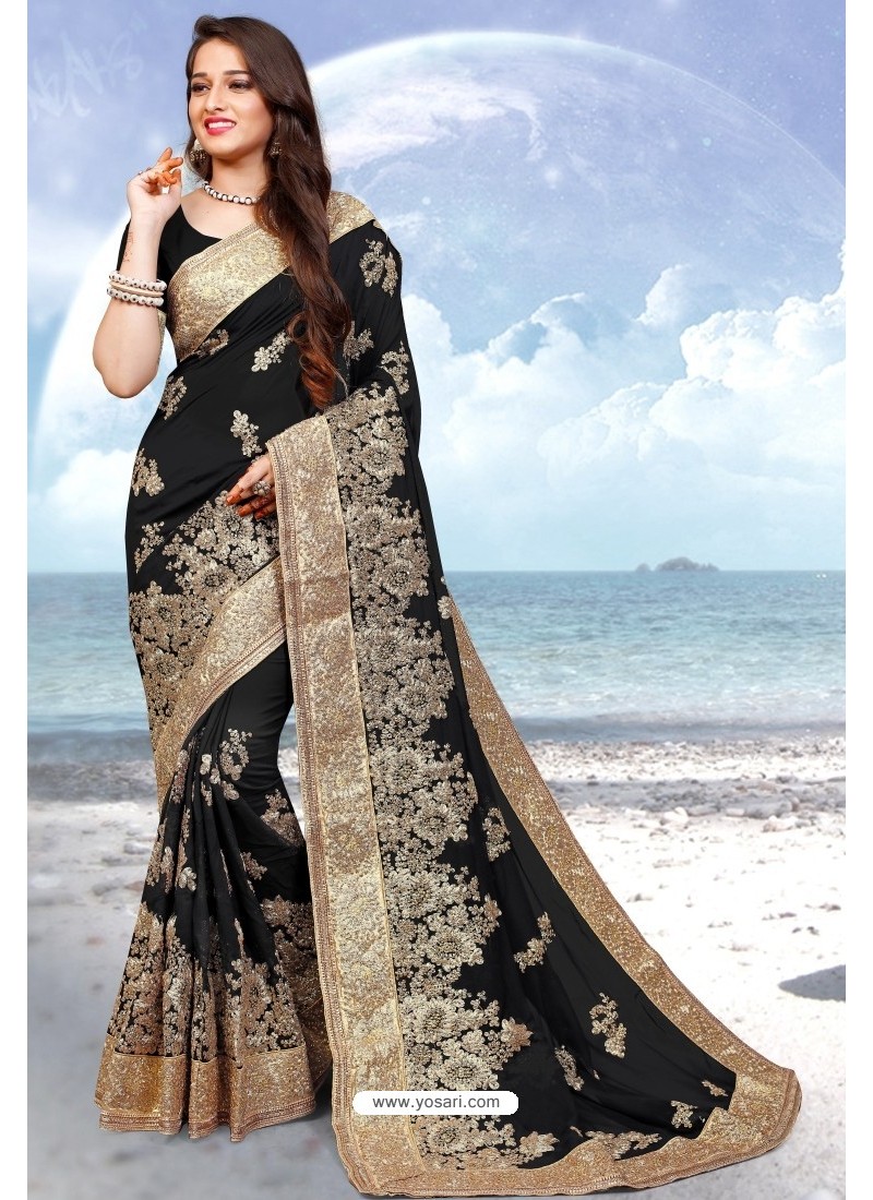 Buy Black Georgette Heavy Embroidered Designer Saree | Designer Sarees