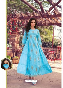 Sky Blue Party Wear Cotton Mal Long Kurti With Mask