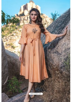 Light Orange Designer Readymade Rayon Long Kurti