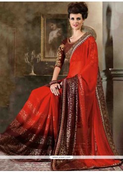 Glorious Red Lace Work Contemporary Style Saree