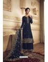 Navy Blue Satin Silk Designer Party Wear Palazzo Suit