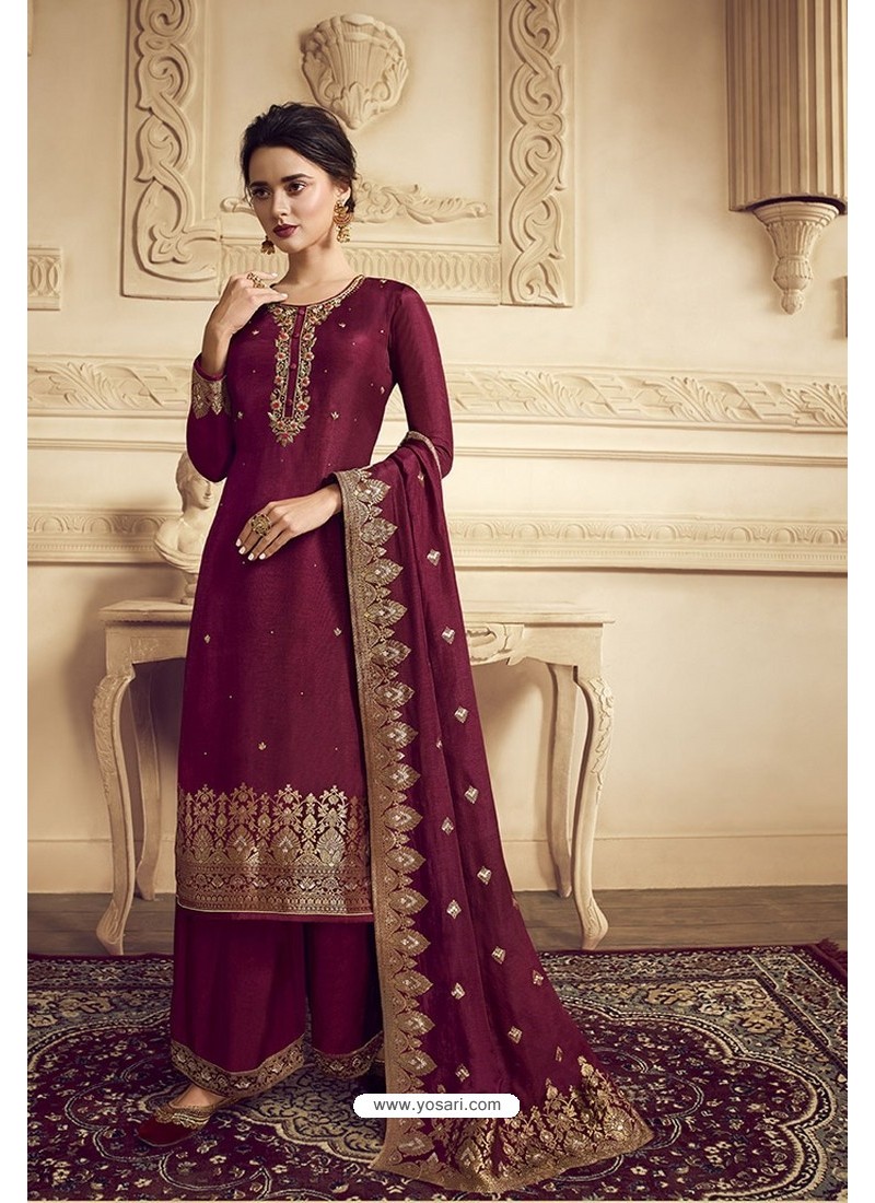 Buy Maroon Satin Silk Designer Party Wear Palazzo Suit | Palazzo Salwar ...