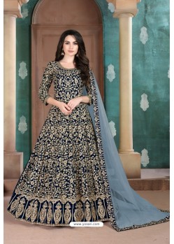 Navy Blue Georgette Embroidered Floor Length Suit