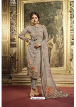 Grey Georgette Designer Printed Straight Suit