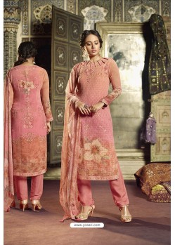 Peach Georgette Designer Printed Straight Suit