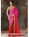 Magnificent Lace Work Hot Pink And Red Designer Saree