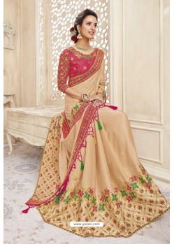 Cream Heavy Designer Party Wear Chanderi Silk Saree