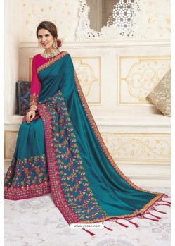 Teal Blue Heavy Designer Party Wear Chanderi Silk Saree