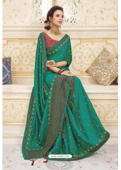 Teal Heavy Designer Party Wear Chanderi Silk Saree