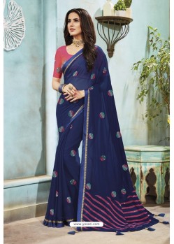 Navy Blue Chanderi Silk Party Wear Saree