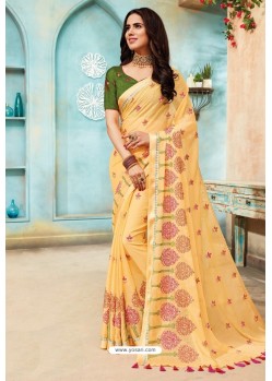 Light Yellow Chanderi Silk Party Wear Saree