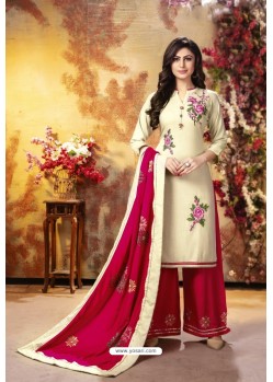 Cream And Pink Readymade Party Wear Rayon Plazzo Suit