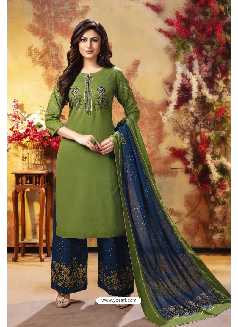 Buy Forest Green And Blue Readymade Party Wear Rayon Plazzo Suit ...