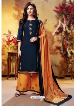 Navy Blue And Orange Readymade Party Wear Rayon Plazzo Suit