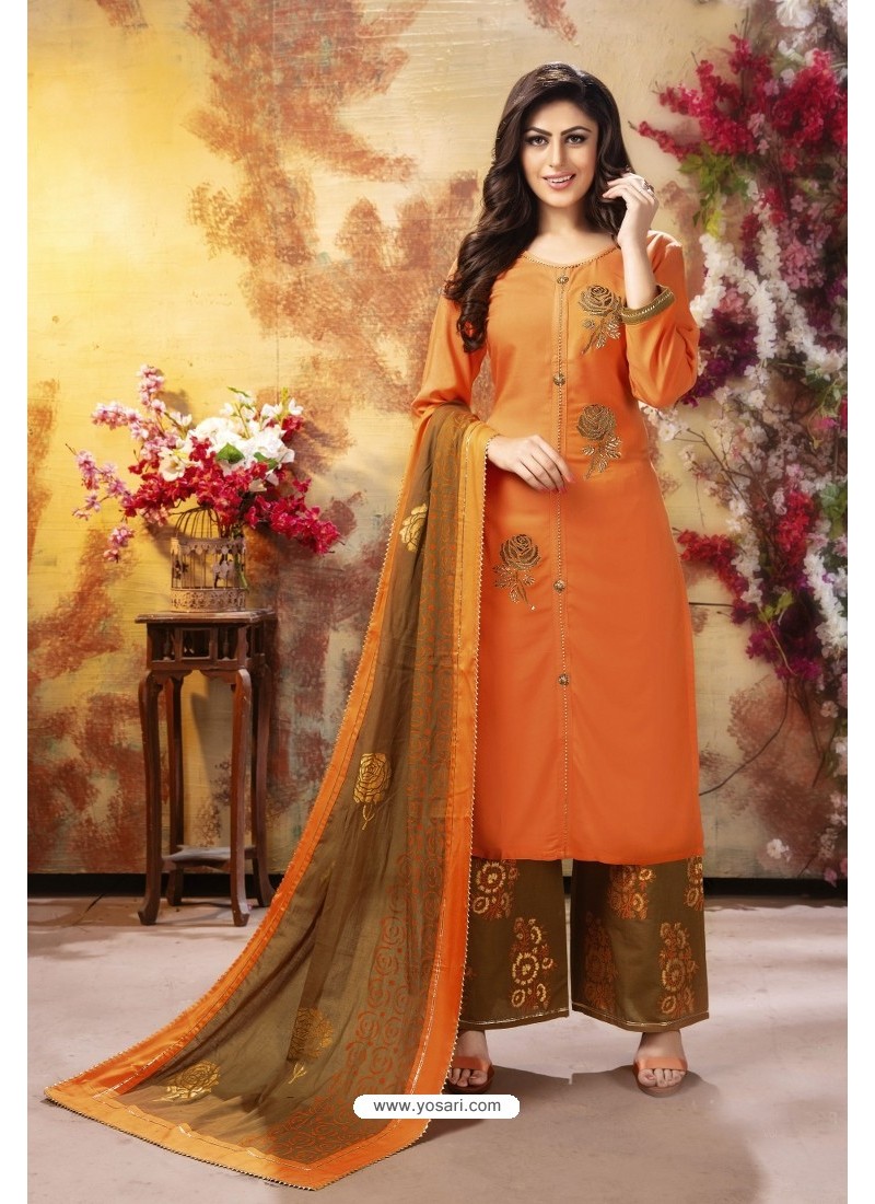 Buy Orange And Copper Readymade Party Wear Rayon Plazzo Suit | Palazzo ...