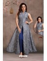 Grey And Blue Party Wear Organza Beads Indo Western Suit