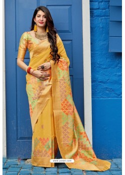 Yellow Silk Weaving Work Designer Saree