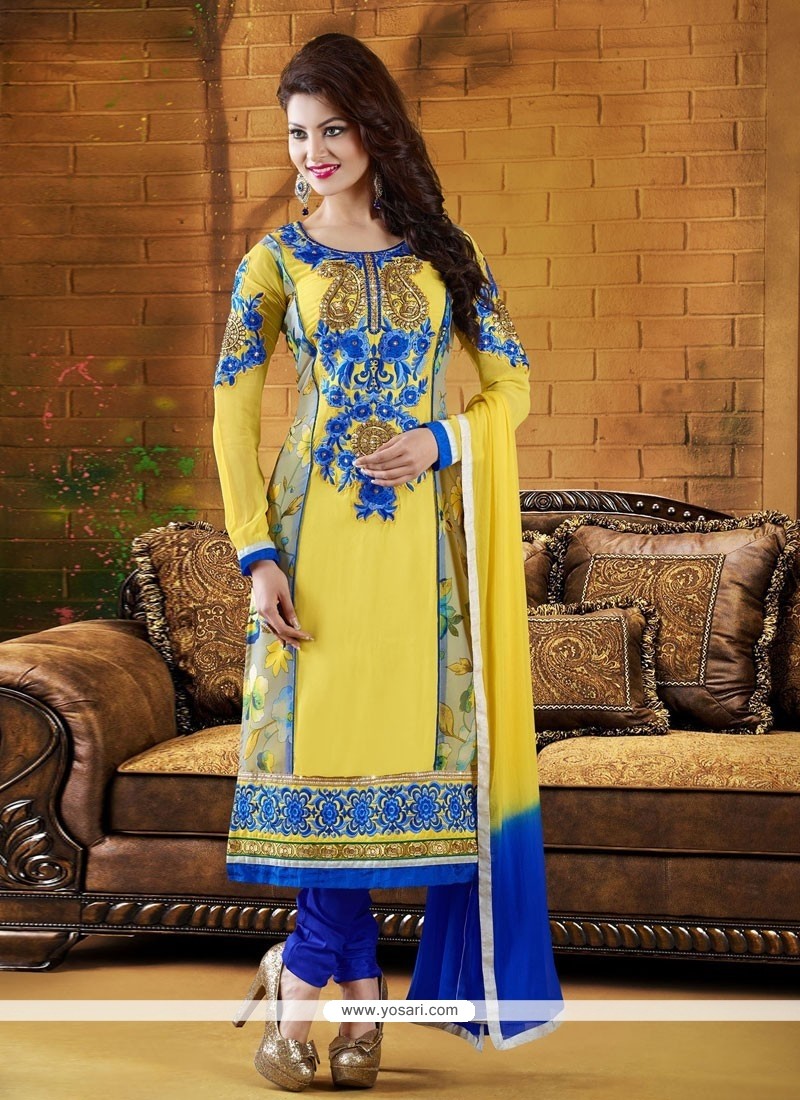 Charismatic Yellow And Blue Georgette Churidar Salwar Suit