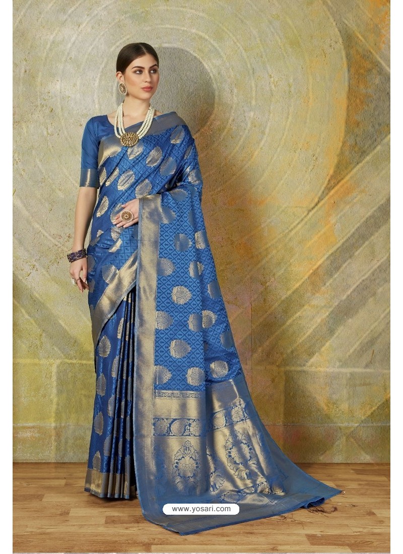 Buy Dark Blue Classic Heavy Weaving Slik Designer Saree | Designer Sarees