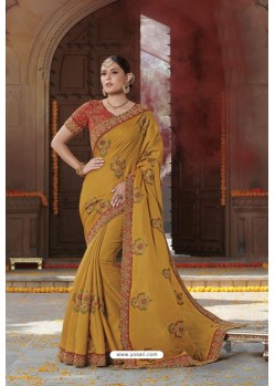 Mustard Tussar Silk Party Wear Designer Saree