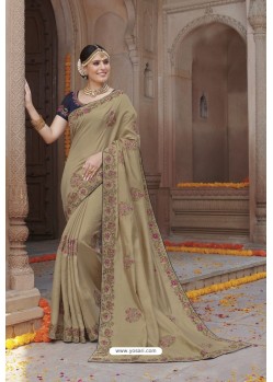 Beige Tussar Silk Party Wear Designer Saree