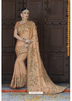 Peach Tussar Silk Party Wear Designer Saree