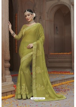 Olive Green Chiffon Party Wear Designer Saree