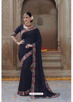 Stylish Navy Georgette Party Wear Designer Saree