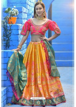 Yellow And Pink Designer Banarasi Silk Lehenga Choli