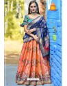 Orange And Teal Designer Banarasi Silk Lehenga Choli