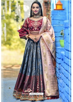 Blue And Maroon Designer Banarasi Silk Lehenga Choli