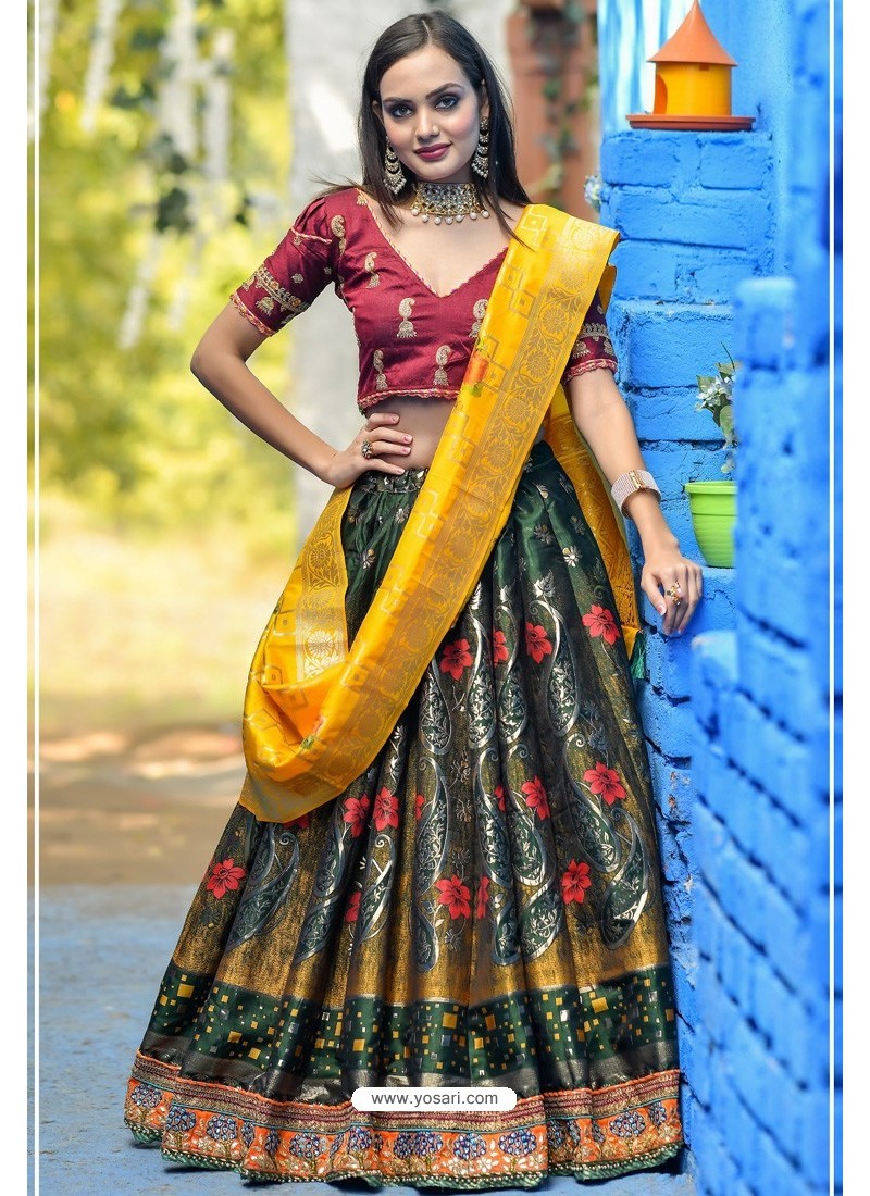 Buy Lovely Green Woven Banarasi Silk Reception Wear Crop Top Lehenga - Zeel  Clothing
