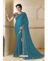 Turquoise Blue Embroidered Chiffon Party Wear Saree