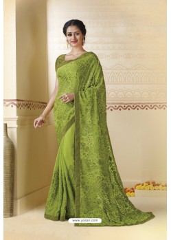 Green Embroidered Chiffon Party Wear Saree