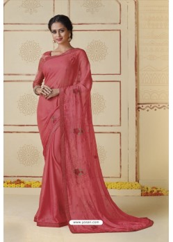 Light Red Embroidered Chiffon Party Wear Saree
