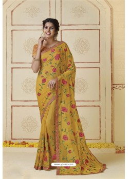 Yellow Embroidered Chiffon Party Wear Saree