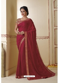 Red Embroidered Chiffon Party Wear Saree