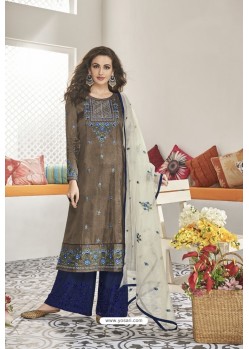 Dark Beige And Blue Maslin Silk Party Wear Designer Palazzo Suit