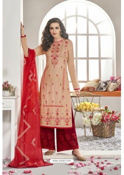 Cream And Red Maslin Silk Party Wear Designer Palazzo Suit