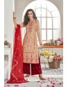 Cream And Red Maslin Silk Party Wear Designer Palazzo Suit